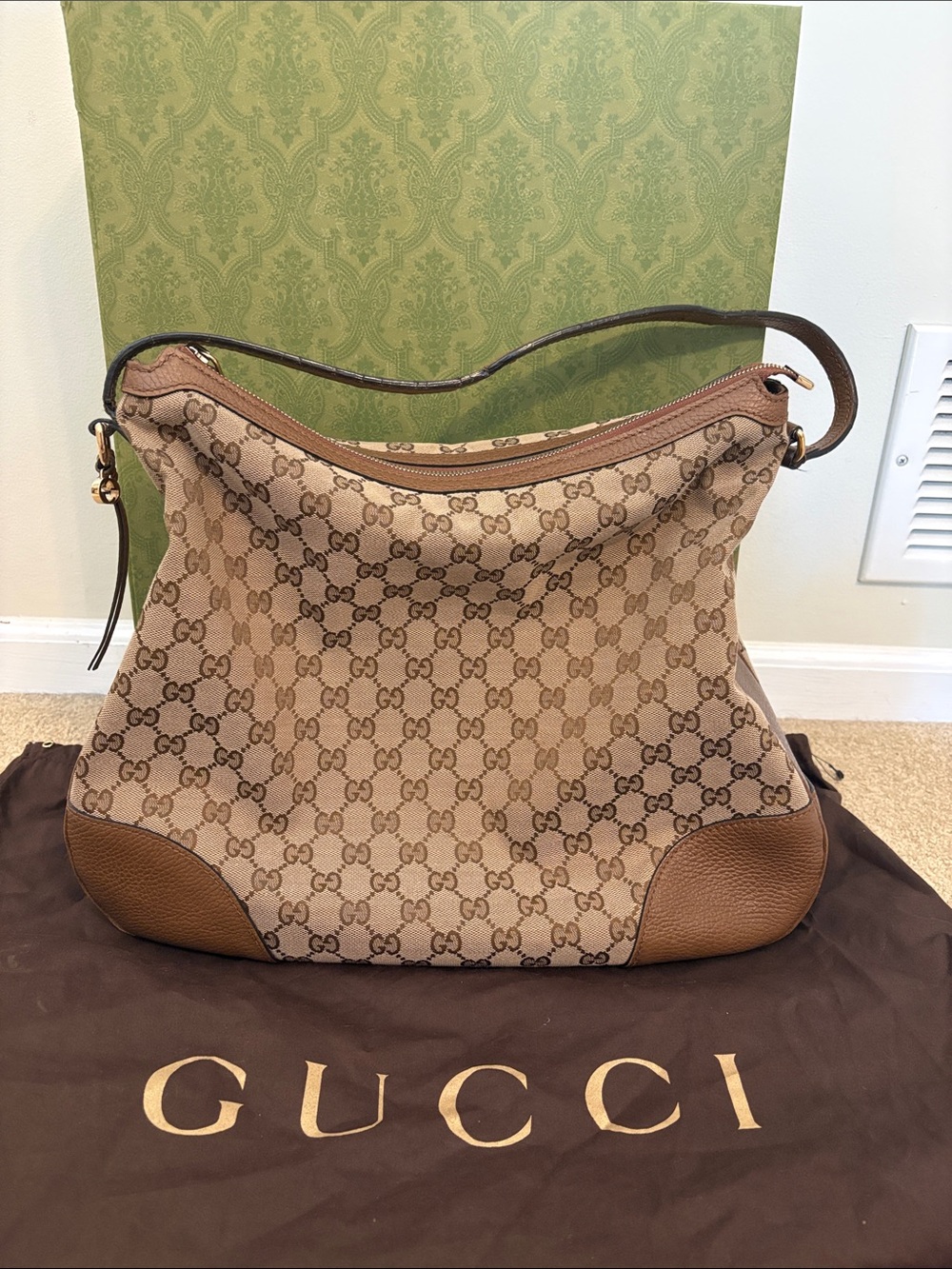Gucci Bree Hobo Beige & Brown GG Canvas Shoulder Bag with Leather Trim